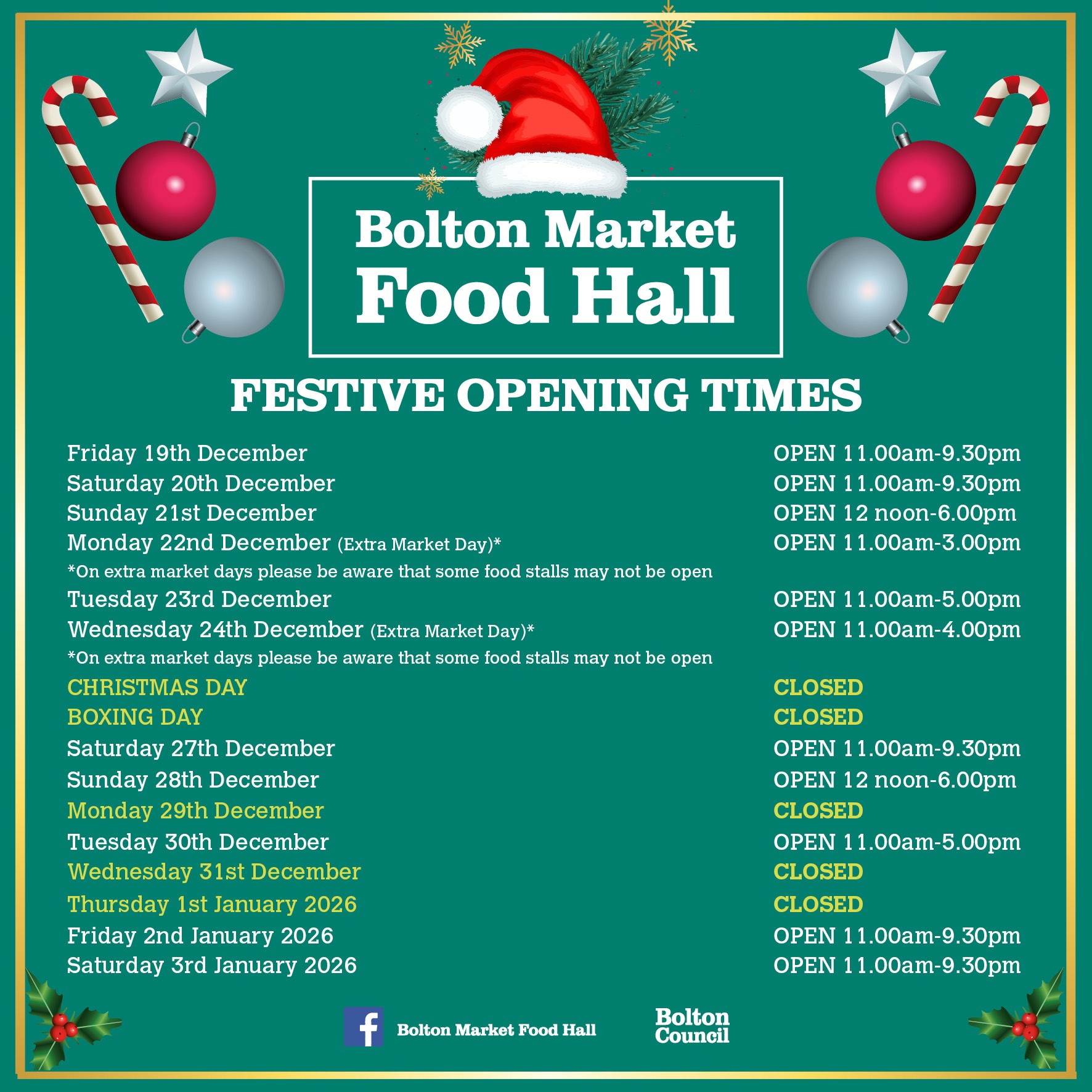 Christmas food hall opening times 2025